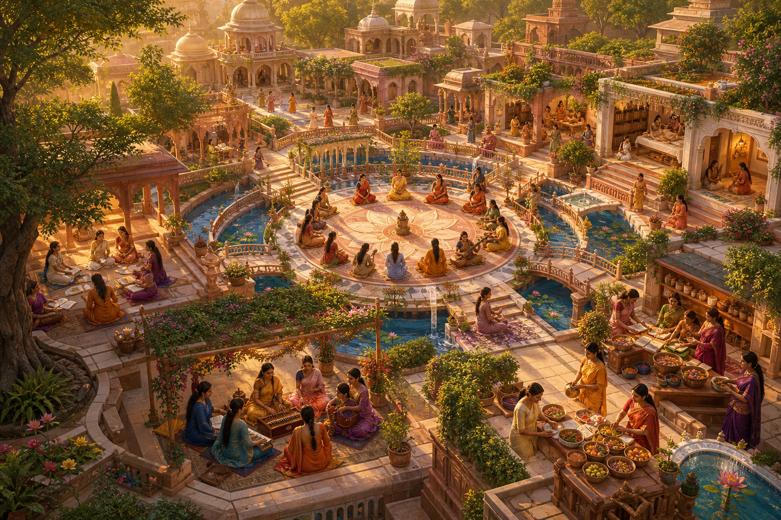 An elevated view shows a lotus-shaped sacred city connected by courtyards, gardens, pools, bridges, halls, and communities of women engaged in daily activities.