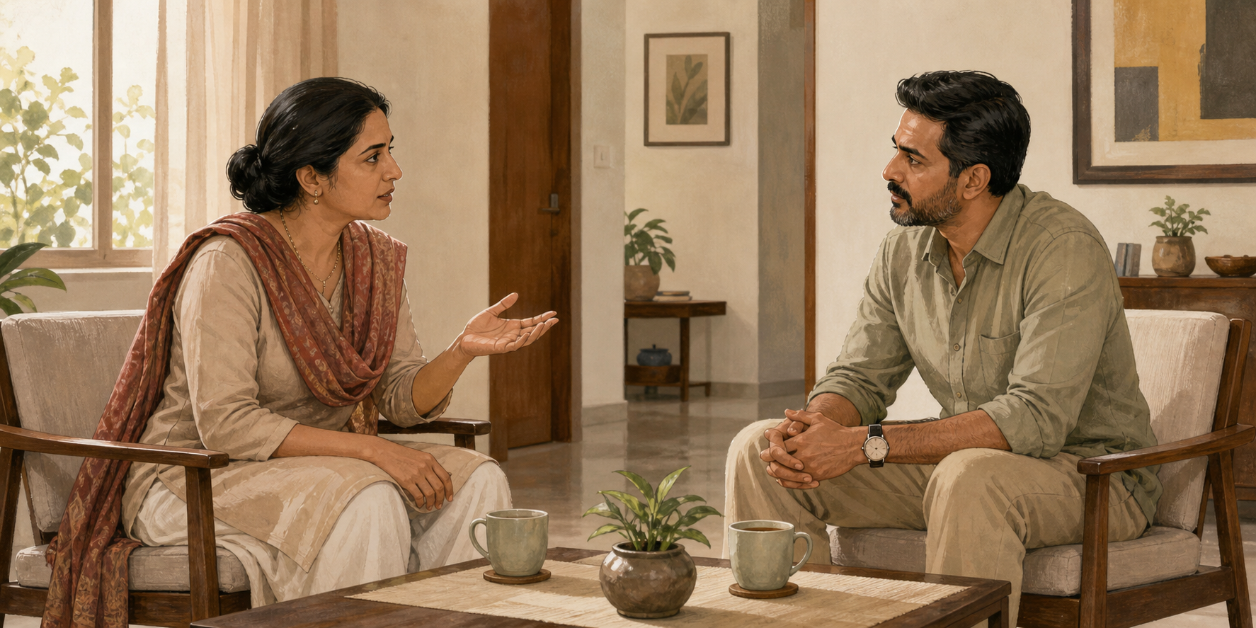 Two adult relatives have a serious conversation at home, with one speaking calmly and the other listening across a low table.