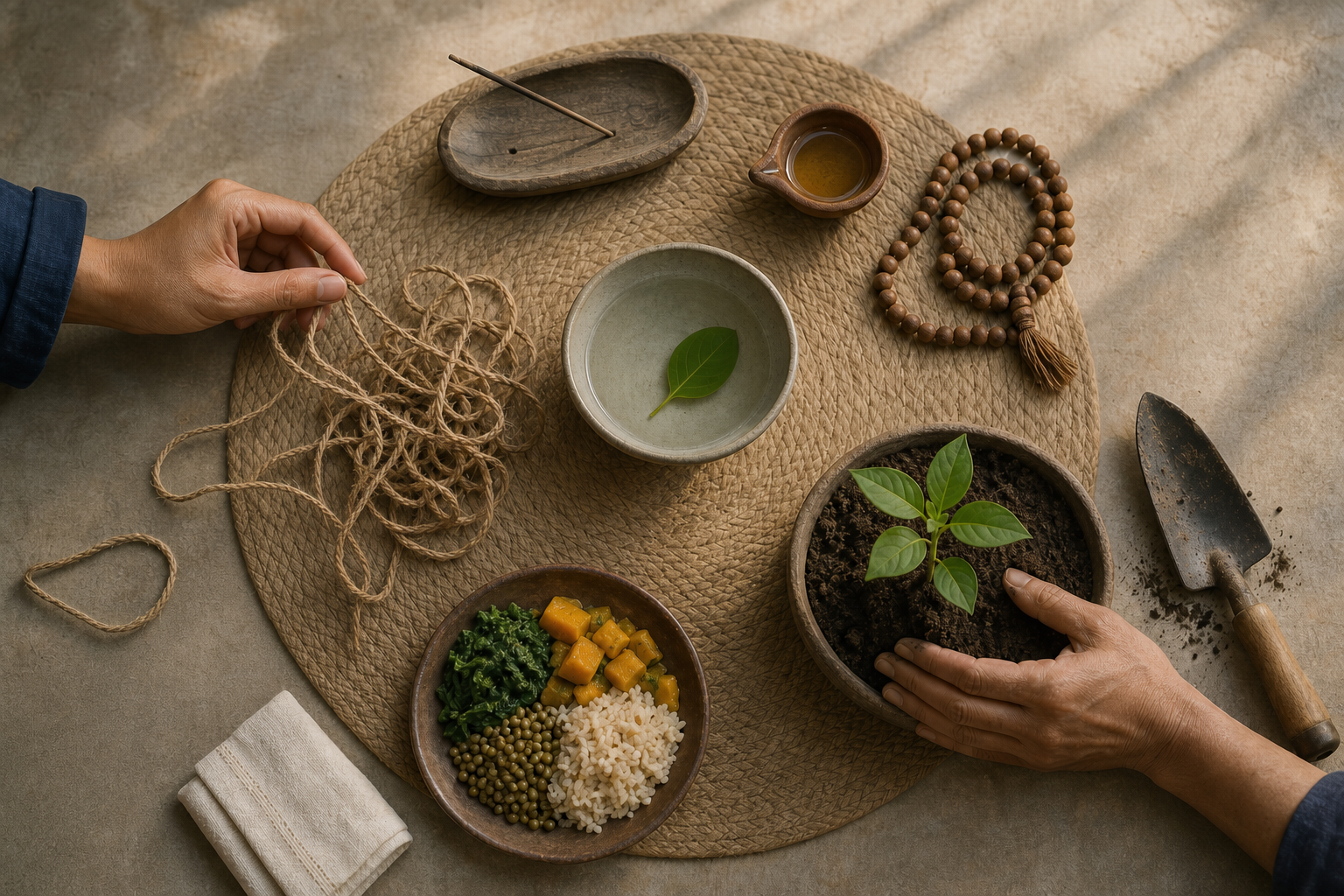 An overhead arrangement of a meditation mat, lamp, prayer beads, food, water, and a seedling, with hands loosening a tangled cord and supporting the plant.