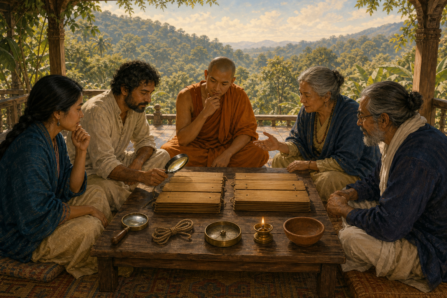 Five readers compare two palm-leaf manuscript sets around a table holding a magnifying lens, cord, compass-like instrument, lamp, and bowl.