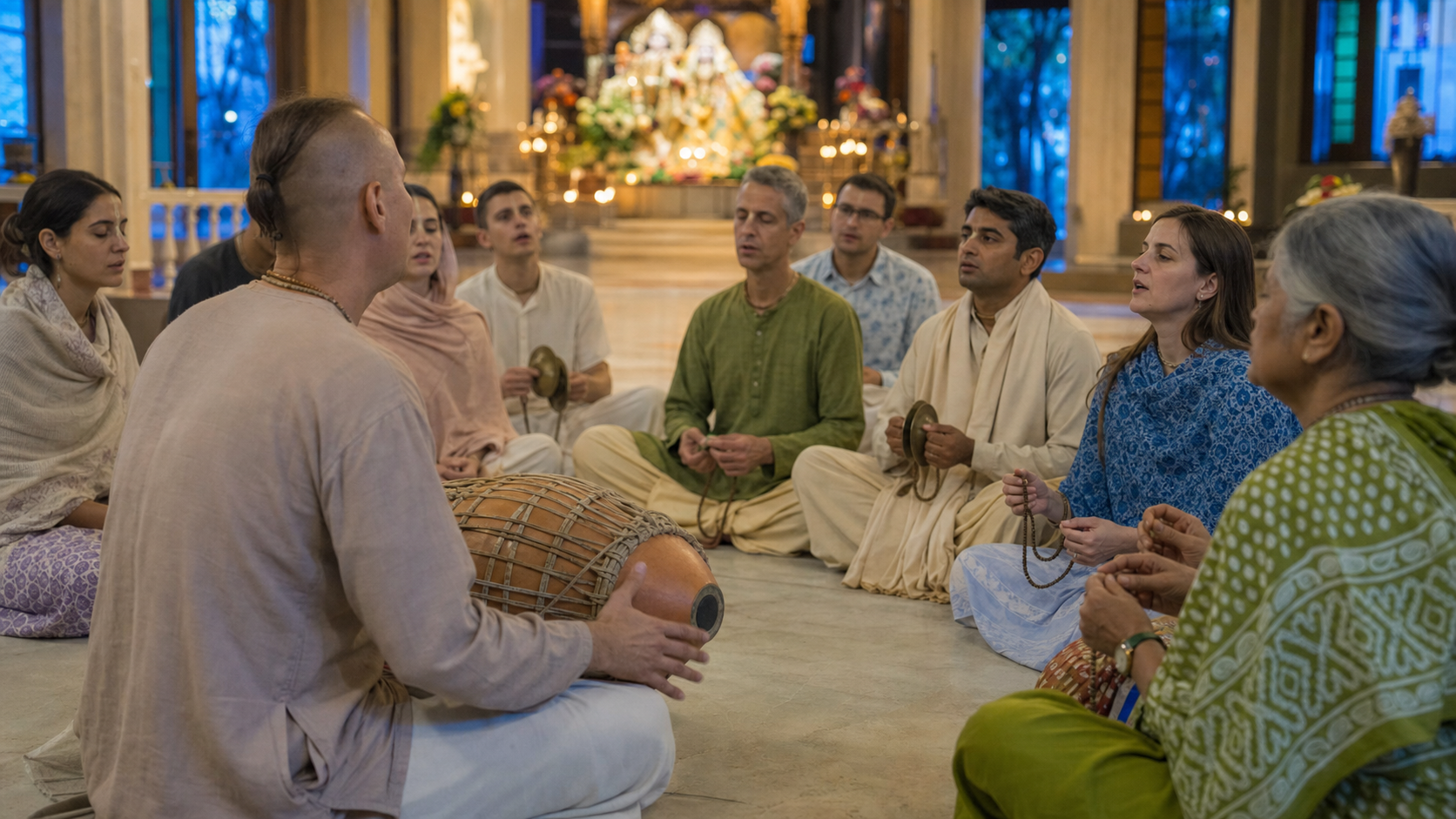 Devotees sit in a temple hall at dawn, singing together with a double-headed drum, hand cymbals, and prayer beads.