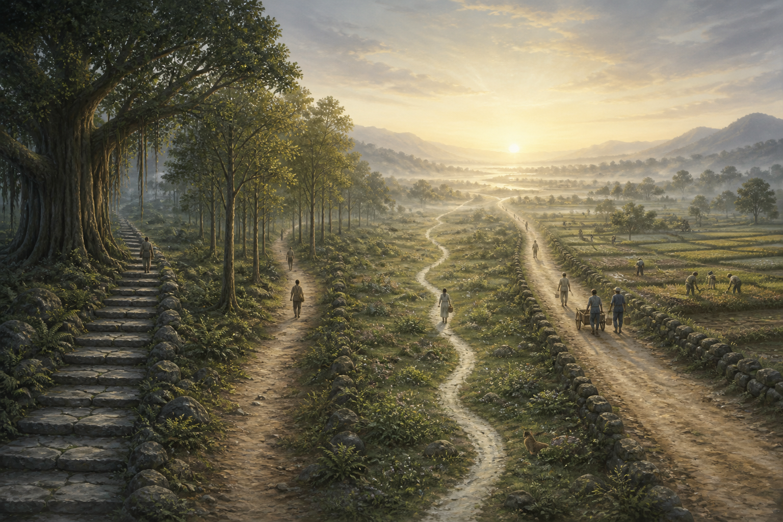 Four different paths cross a broad valley toward the same bright horizon while remaining separate from one another.