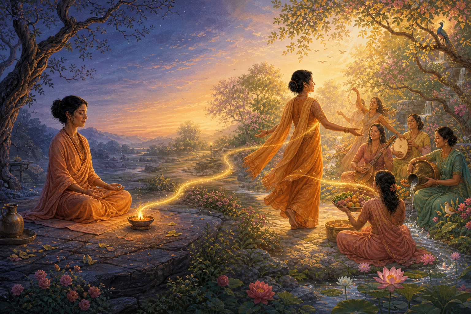 A woman meditates beside a small flame in a cool predawn landscape that gradually becomes a sunlit garden where women share music, fruit, water, and joyful companionship.