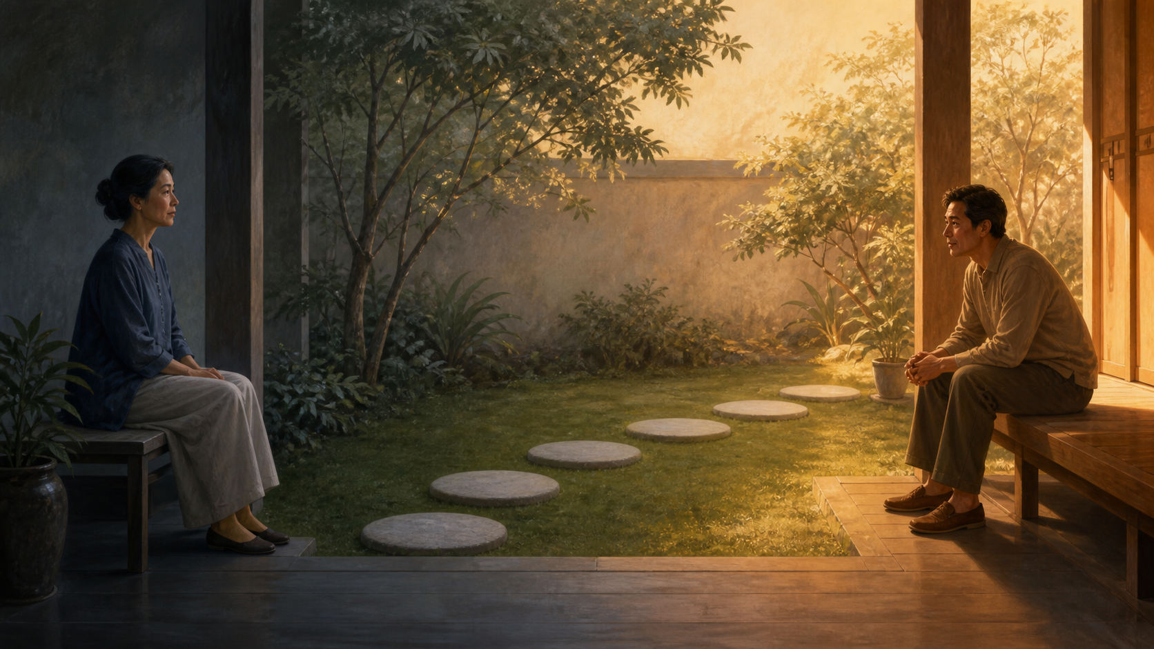 Two relatives sit across a courtyard connected visually by a curved path of six stepping stones.