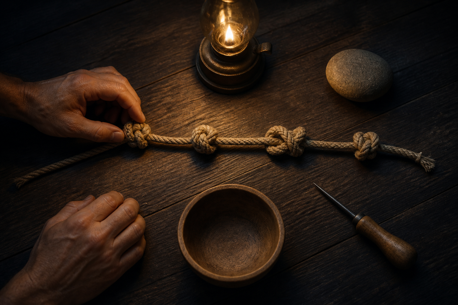 Two hands examine one of several knots in a cord beside a lamp, bowl, stone, and simple tool.