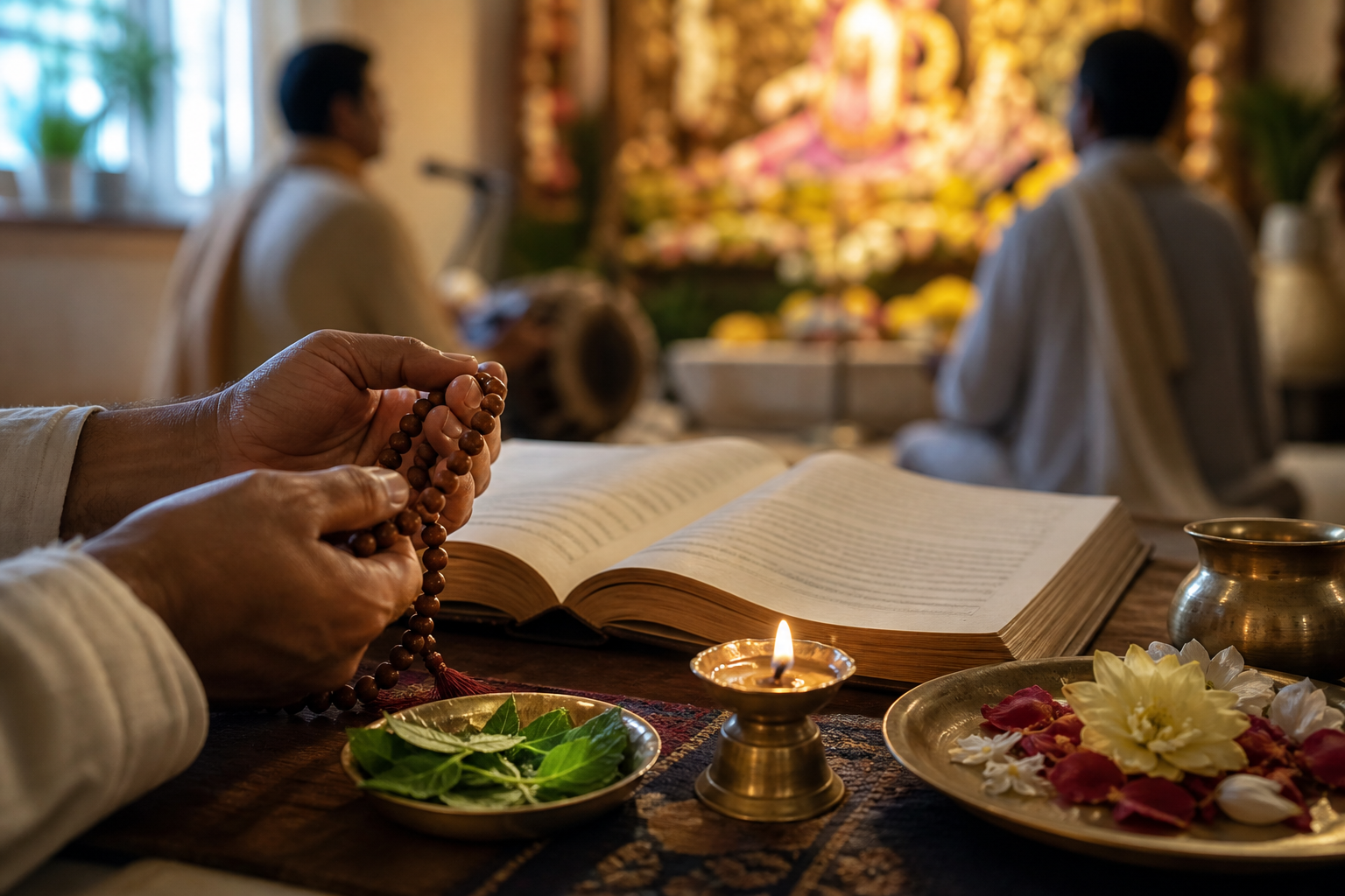 Hands hold wooden prayer beads beside an open book, a brass lamp, tulsi leaves, water, and flowers, with devotees and an altar softly visible behind.