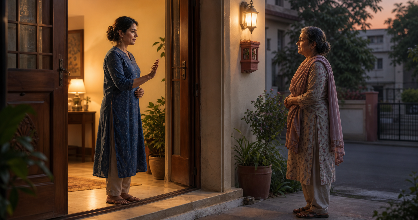 An adult calmly raises a hand at an open doorway while an older relative waits outside the visible threshold.
