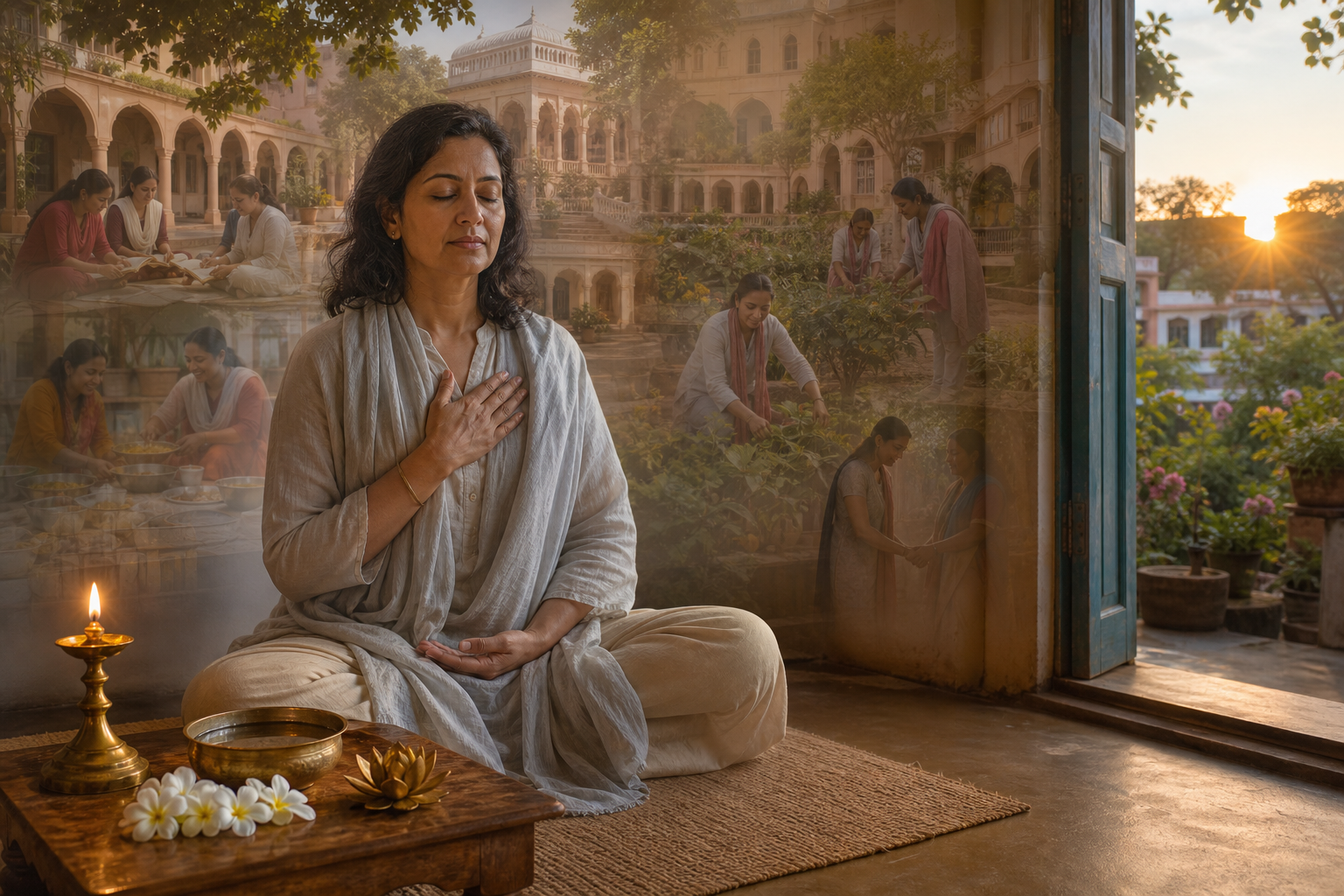 A woman meditates before a simple lamp, water bowl, and flowers while a translucent vision of courtyards, gardens, and women serving their community surrounds her.