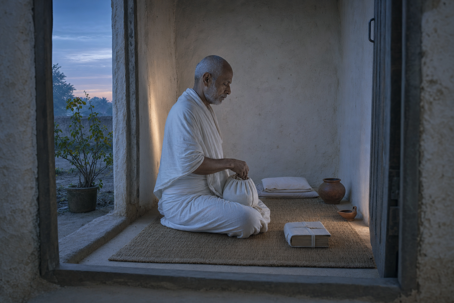 A babaji in plain white cloth chants with a bead bag before dawn inside a sparse, clean earthen hut.