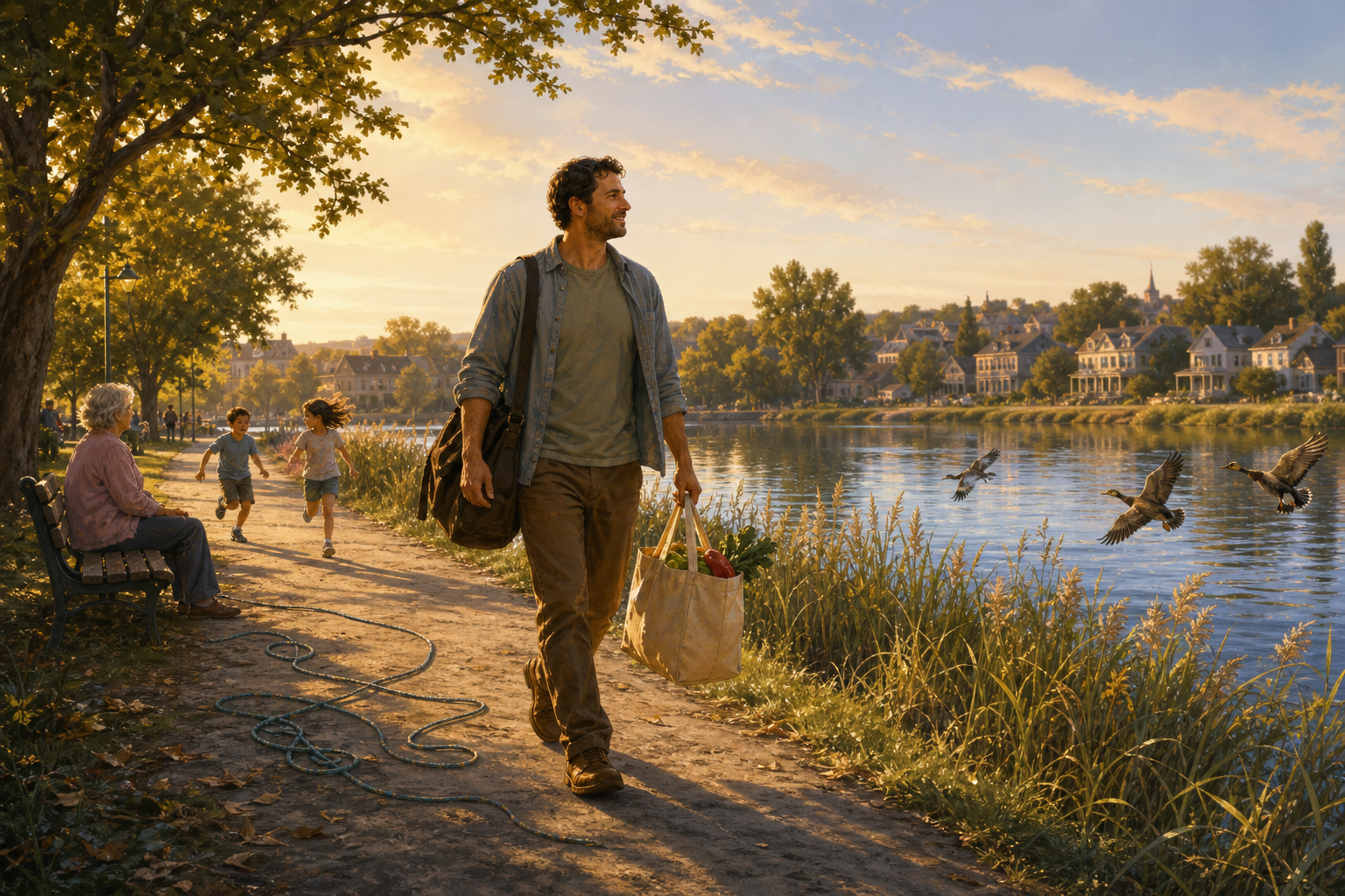 A relaxed person carries groceries and a work bag beside a river as loose cords rest on the path behind them.