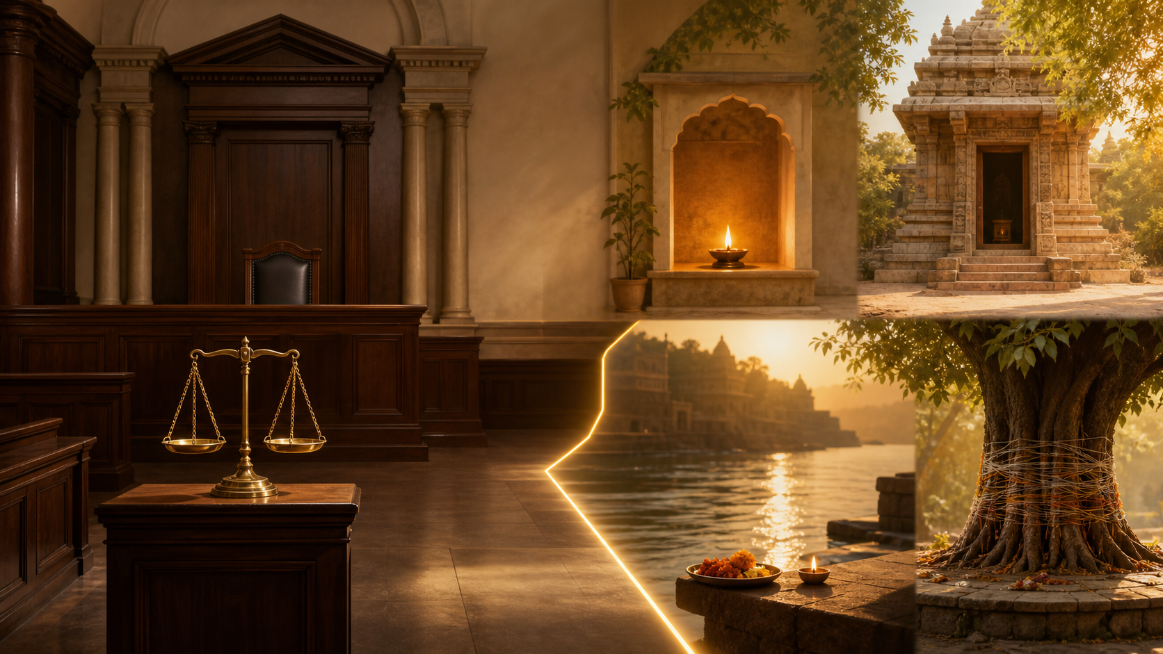An illustrated courtroom stands beside several Hindu devotional settings, separated by a thin line of light across the floor.