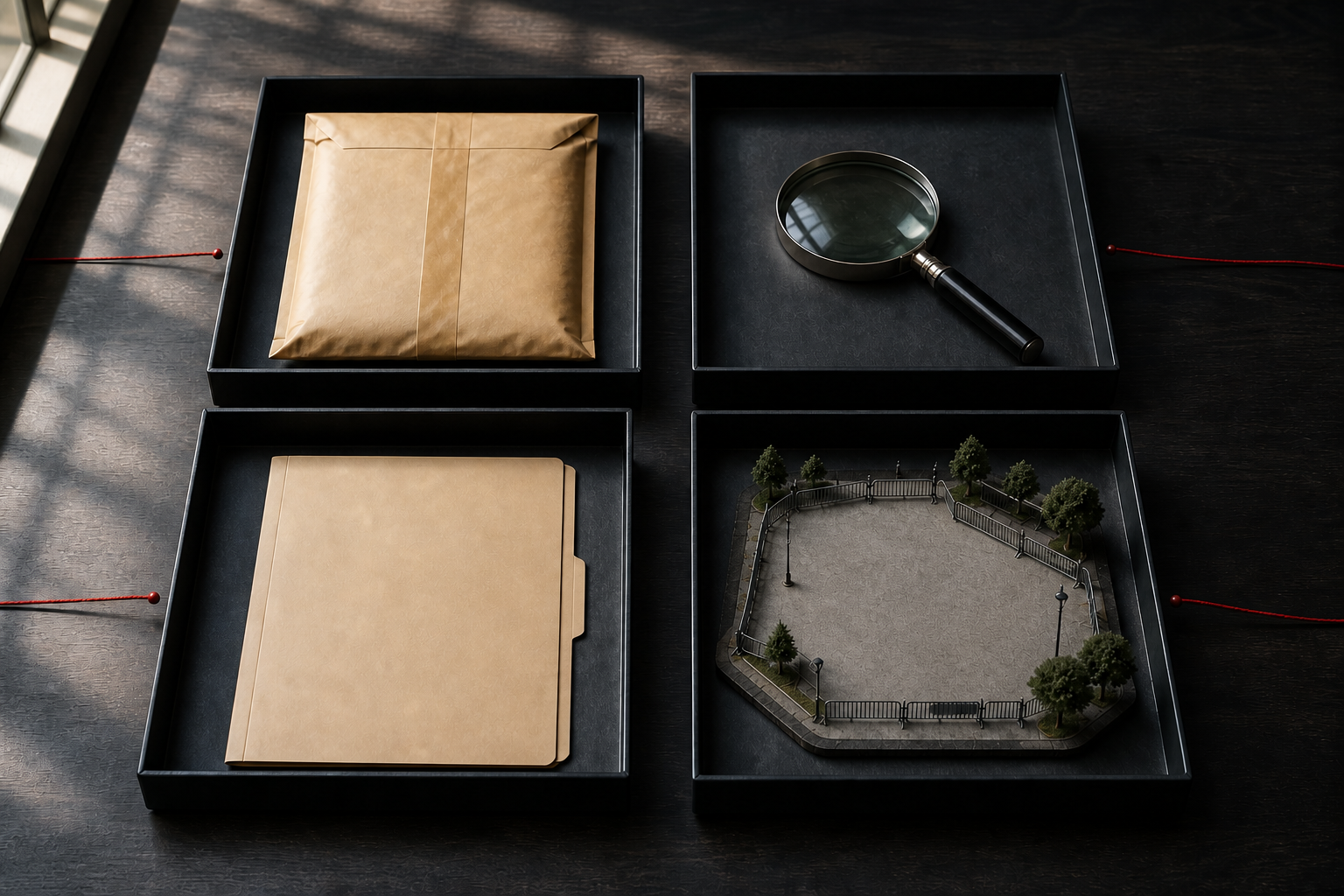 Four separate evidence trays on an investigative desk hold an examination packet, magnifying glass, courthouse file, and model of a barricaded public plaza.