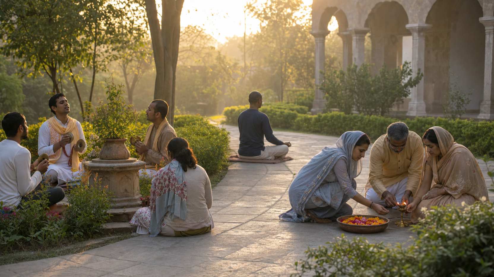 Separate groups chant, meditate, and light a brass lamp in different areas of the same sunrise garden.