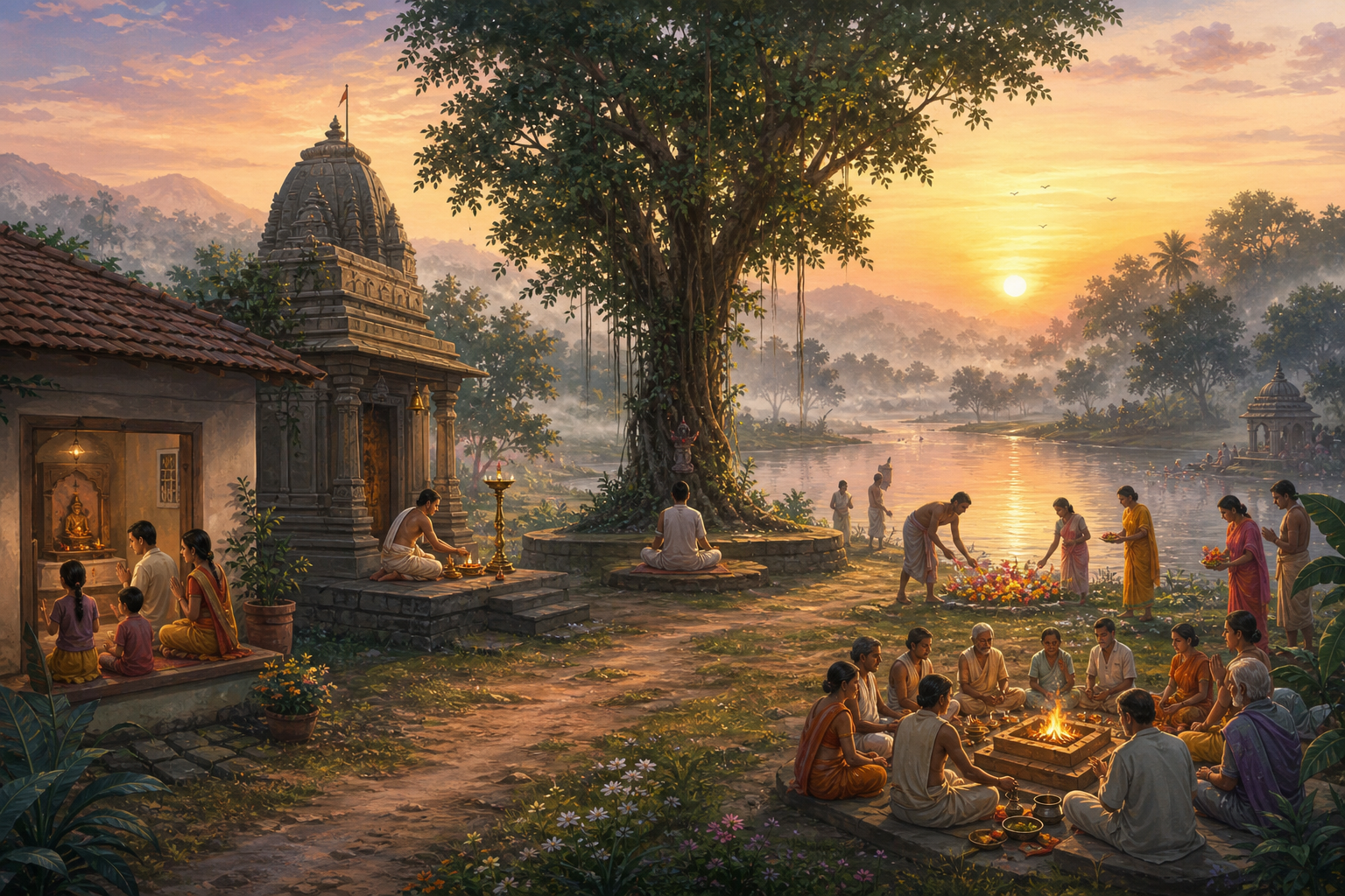 Families, priests, pilgrims, and solitary devotees take part in different forms of Hindu worship across a home, temple, riverbank, and sacred grove.