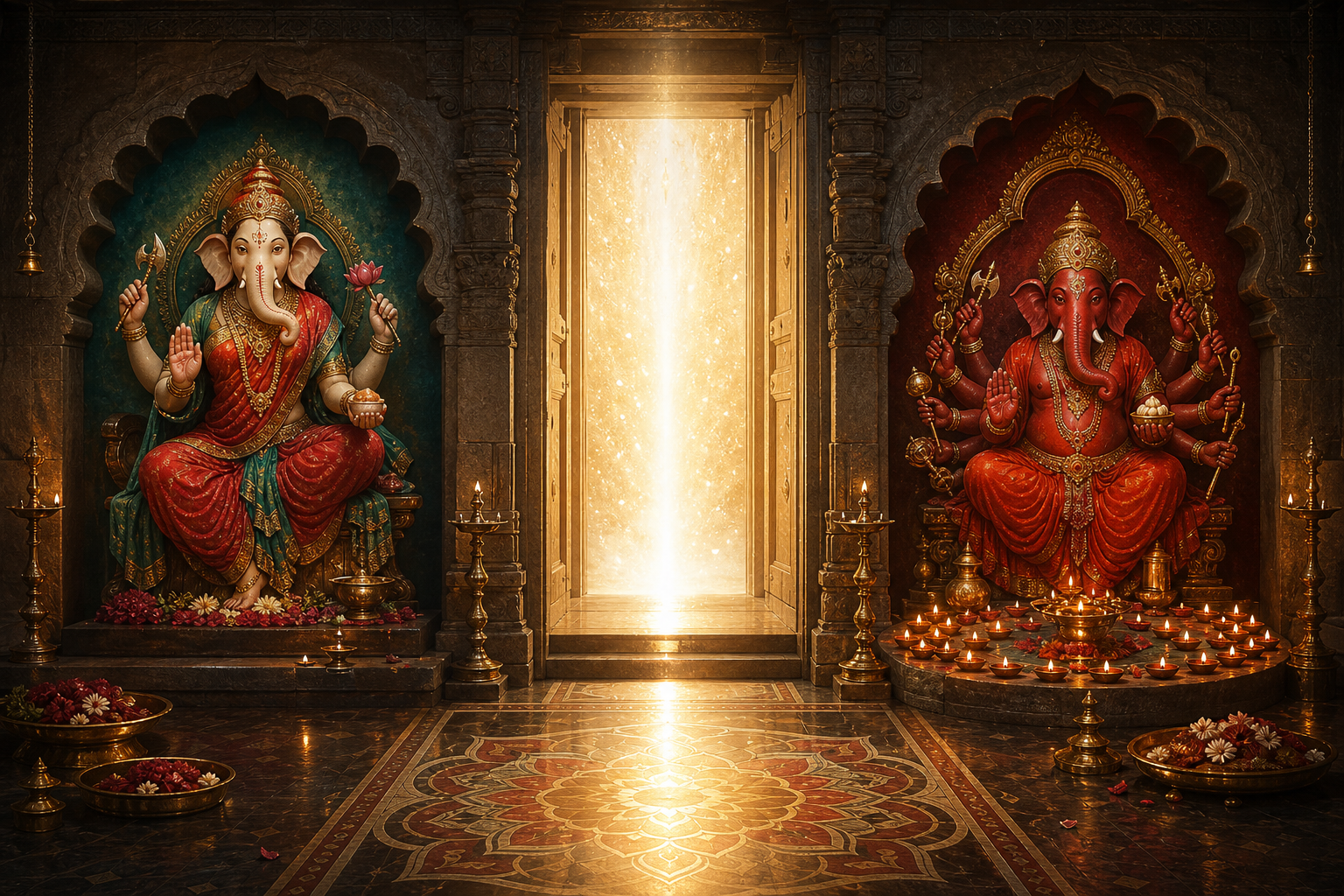 Two elephant-headed sacred forms occupy separate temple niches on either side of a bright column of light, surrounded by lamps and flowers.