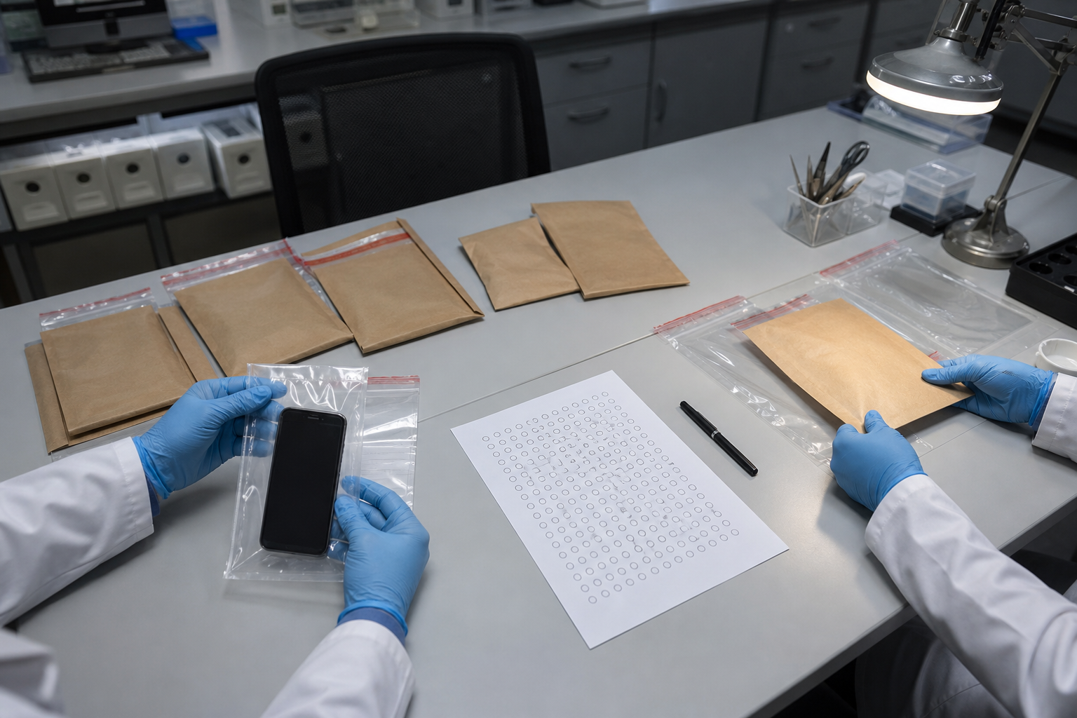 Gloved investigators examine sealed exam packets, a bagged smartphone, and a generic answer sheet on an evidence table.