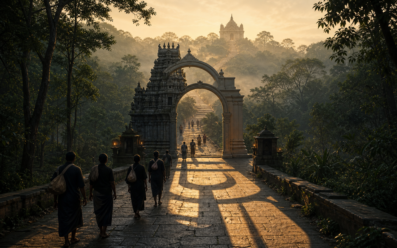 Pilgrims walk along a forested hill path toward a distant shrine framed by two overlapping gateways.