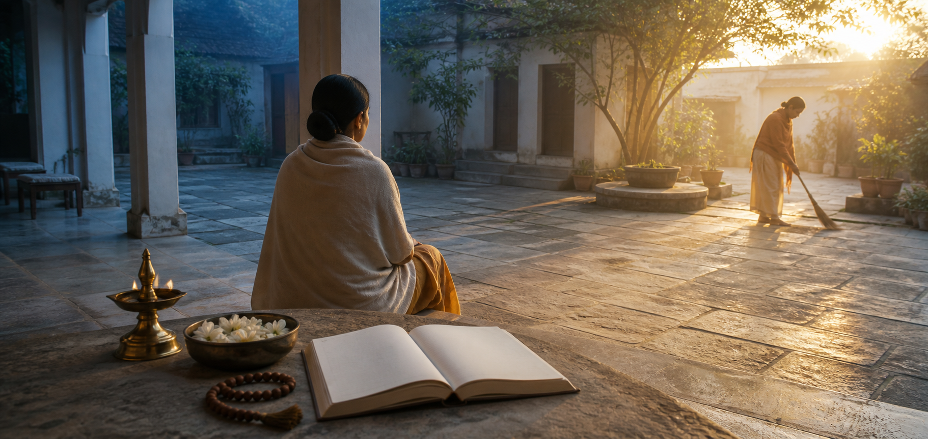 A dawn-lit Indian courtyard with a brass lamp, flowers, prayer beads, a blank journal, one person meditating, and another beginning a daily task.