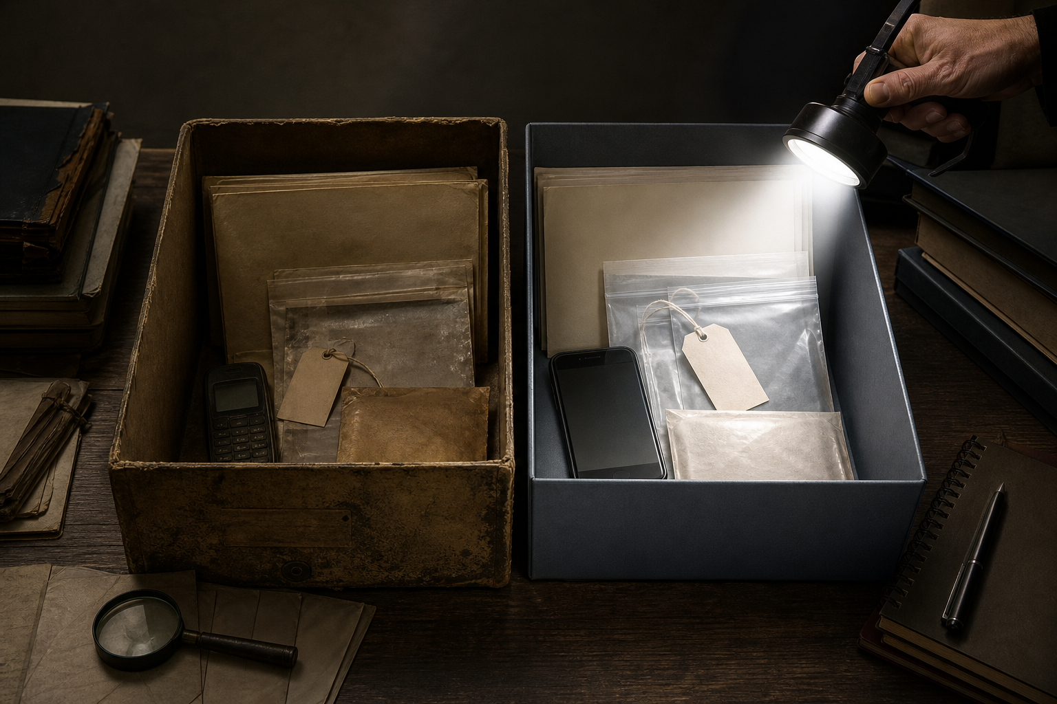 Two archival evidence boxes containing similar exam materials are lit unevenly, with the newer box under a bright spotlight and the older box partly in shadow.