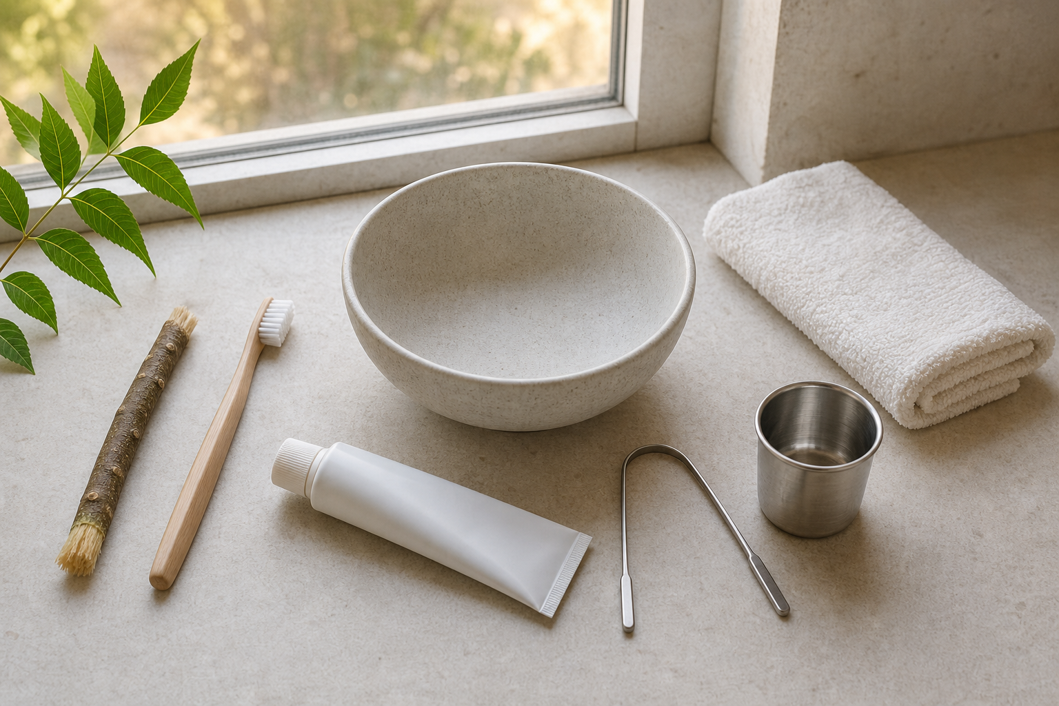 A chewing twig, soft toothbrush, toothpaste tube, tongue cleaner, rinsing cup, and towel are arranged around a washing bowl.