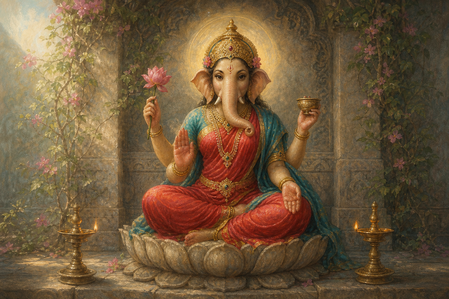 A four-armed feminine elephant-headed deity sits on a lotus pedestal in a stone sanctuary, holding a lotus and ritual bowl beside two lamps.