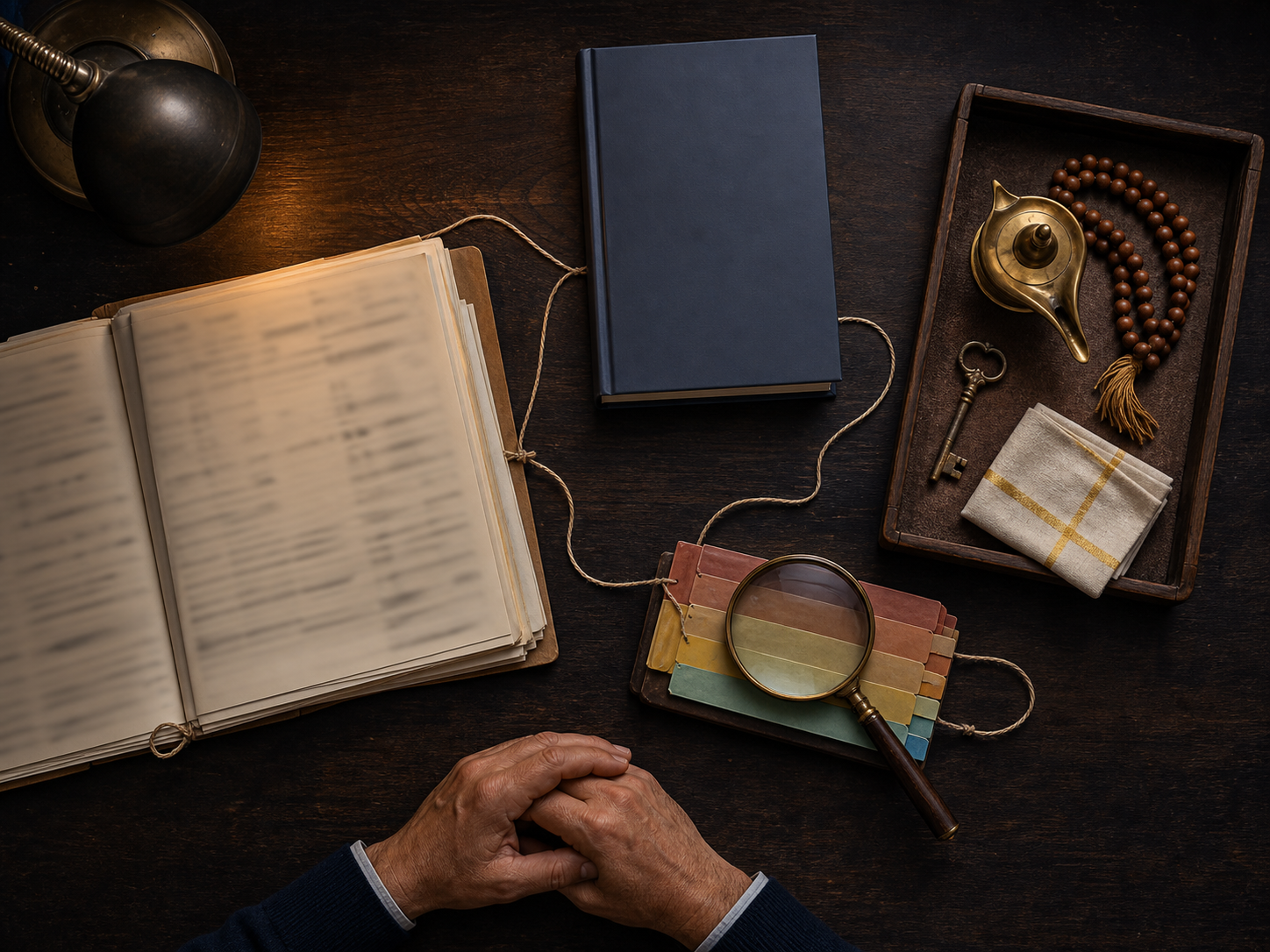 A study table holds unmarked legal files, a blank-covered book, a magnifying glass, prayer beads, a lamp, a key, and ritual cloth.