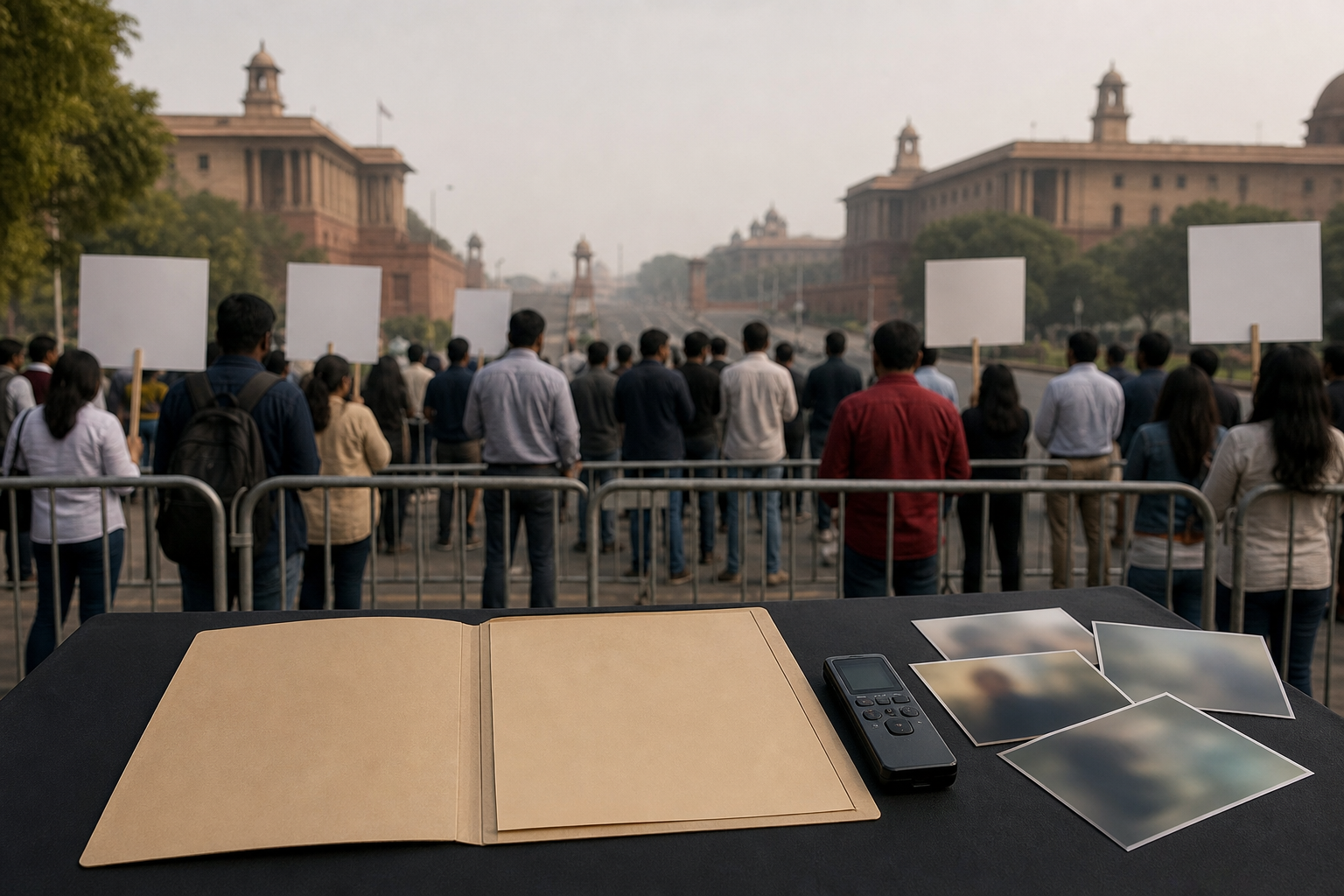 Anonymous protesters with blank placards stand behind barricades in a civic plaza while an open evidence folder rests on a table in the foreground.