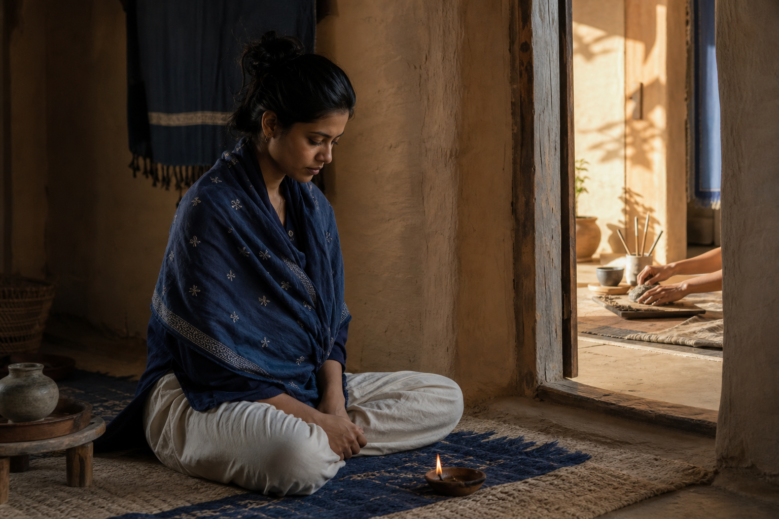 A person reflects beside an oil lamp in a dim room while a sunlit adjoining space is prepared for focused work.