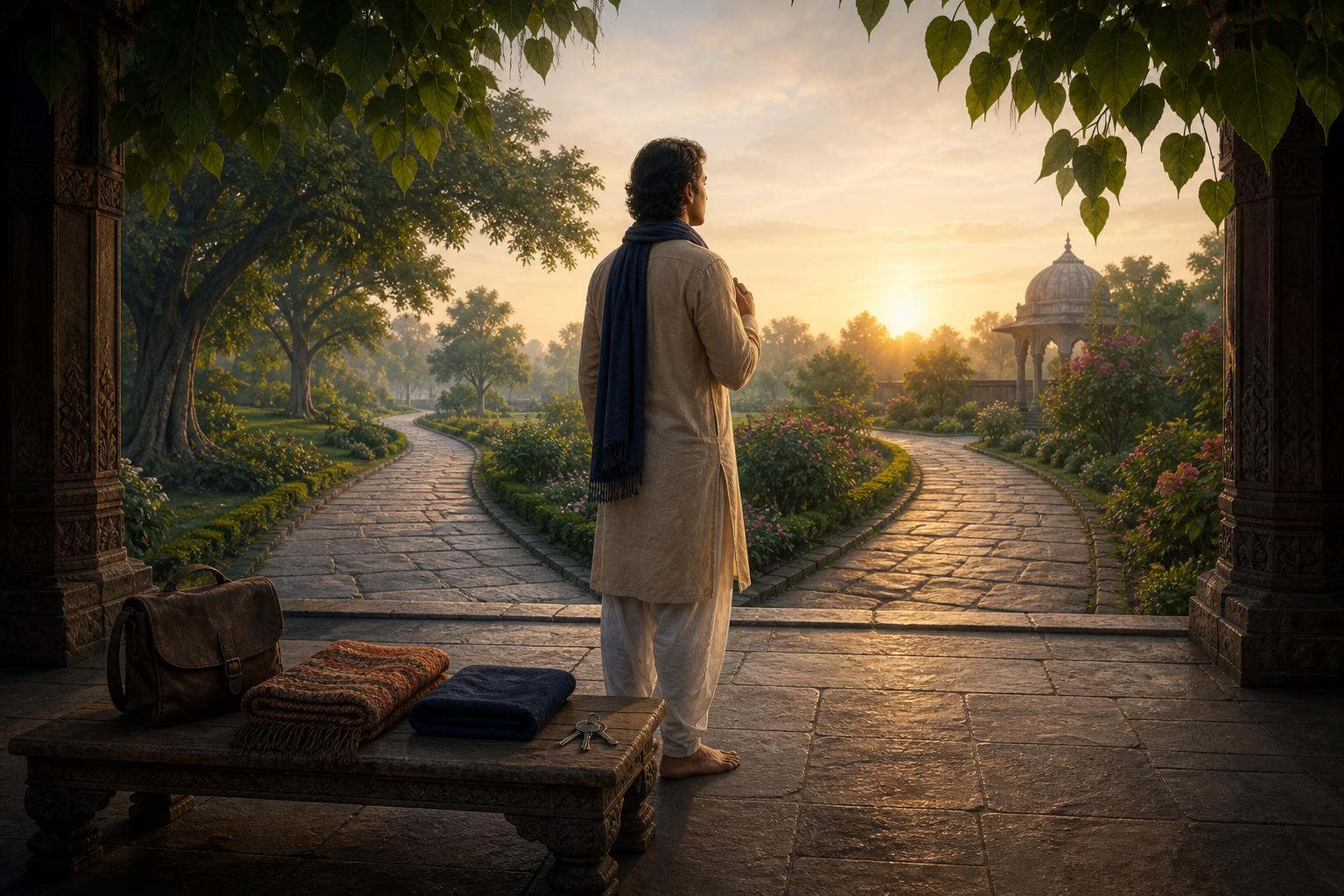 A person stands on a stone threshold at dawn, looking toward two garden paths while a work bag, shawl, meditation cloth, and keys rest on a bench behind them.