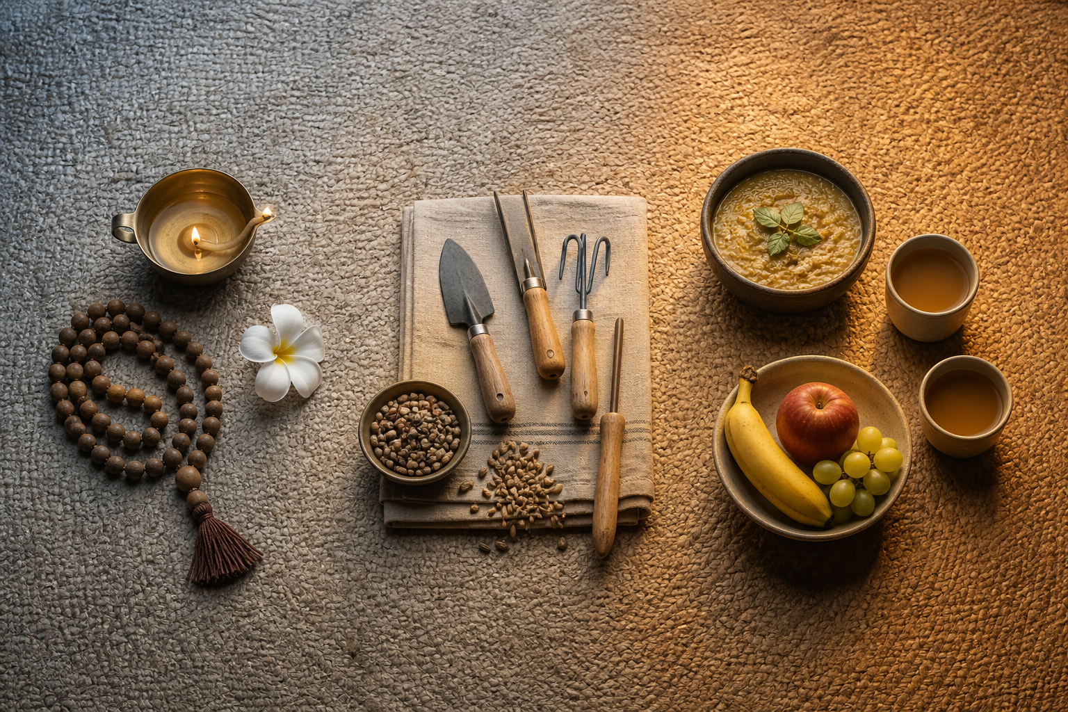 Prayer items, work materials, and shared food are arranged in three groups on a woven mat to represent phases of the day.