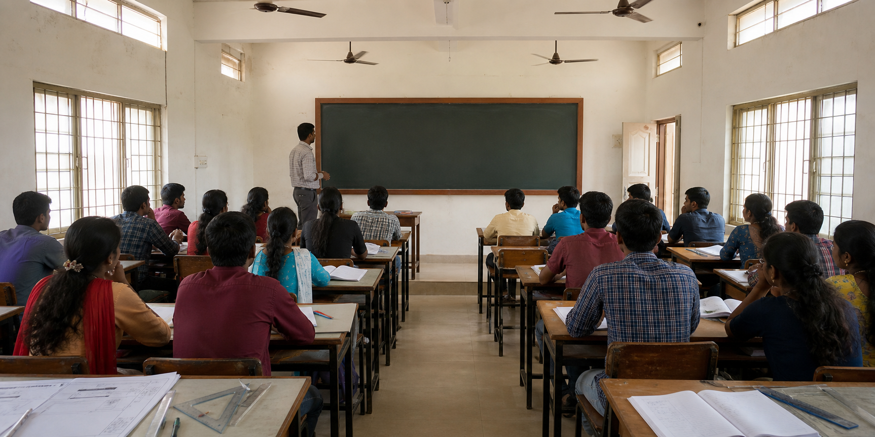 An anonymous lecturer and students in a sunlit South Indian polytechnic classroom with a blank chalkboard and technical study materials.