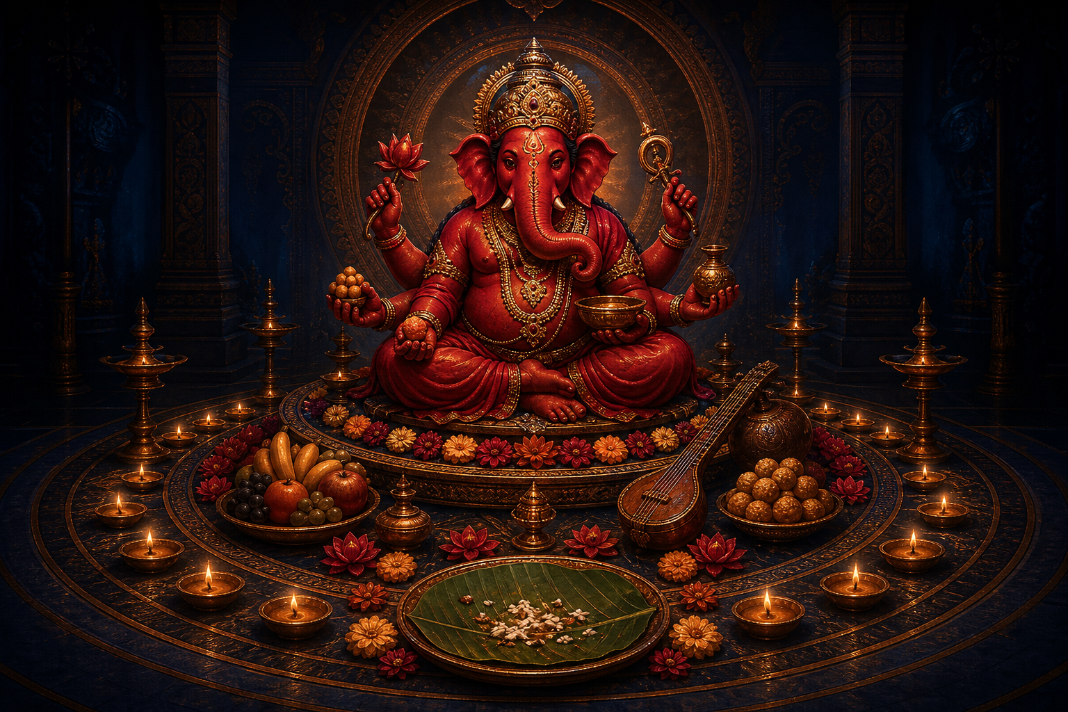 A red six-armed elephant-headed deity sits in a dark shrine within orderly rings of lamps, flowers, fruit, vessels, and a leaf plate with a few grains.