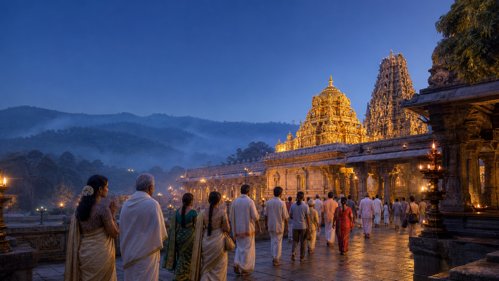Pilgrims approach the illuminated Tirumala temple complex in the blue light before dawn.