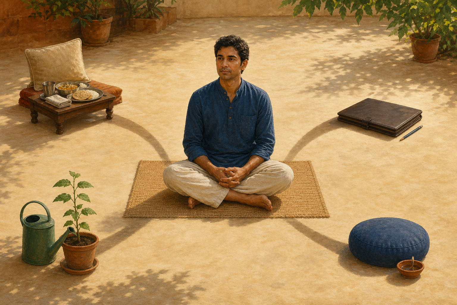 A seated person occupies the center of a courtyard surrounded by a place setting, work portfolio, watering can and plant, and meditation cushion.