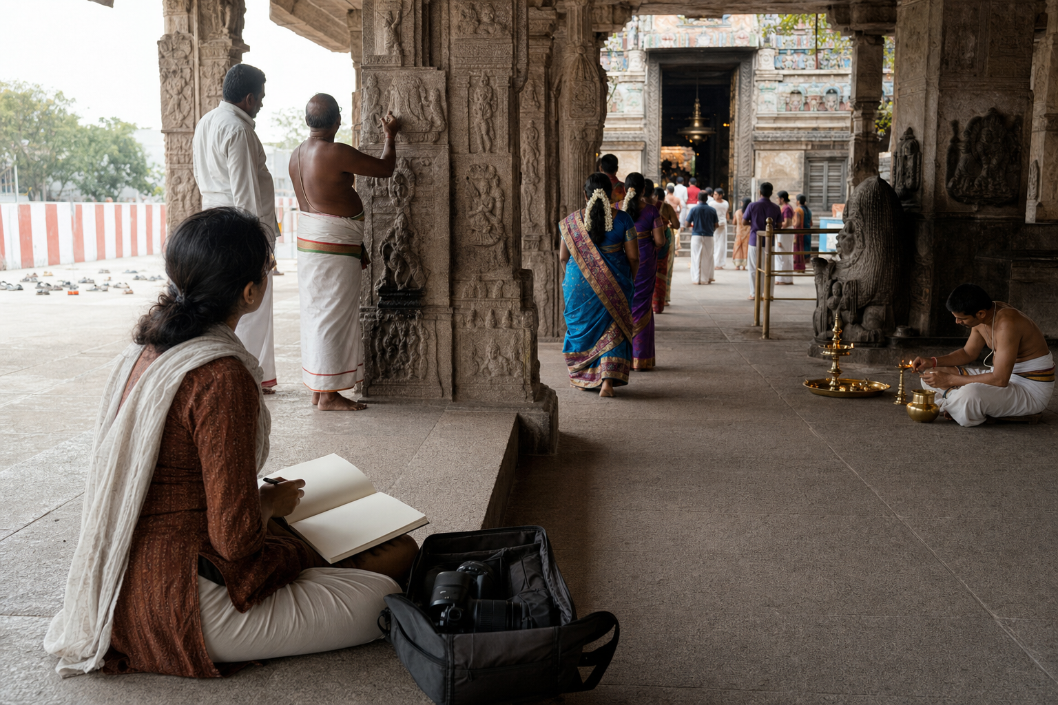 A seated researcher observes temple activity from the edge of a mandapa while a guide, an attendant and devotees continue their work and worship.