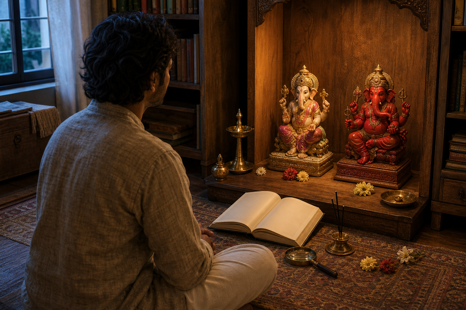 A seated practitioner studies two separate elephant-headed devotional images beside an open book, flowers, and an orderly home shrine.