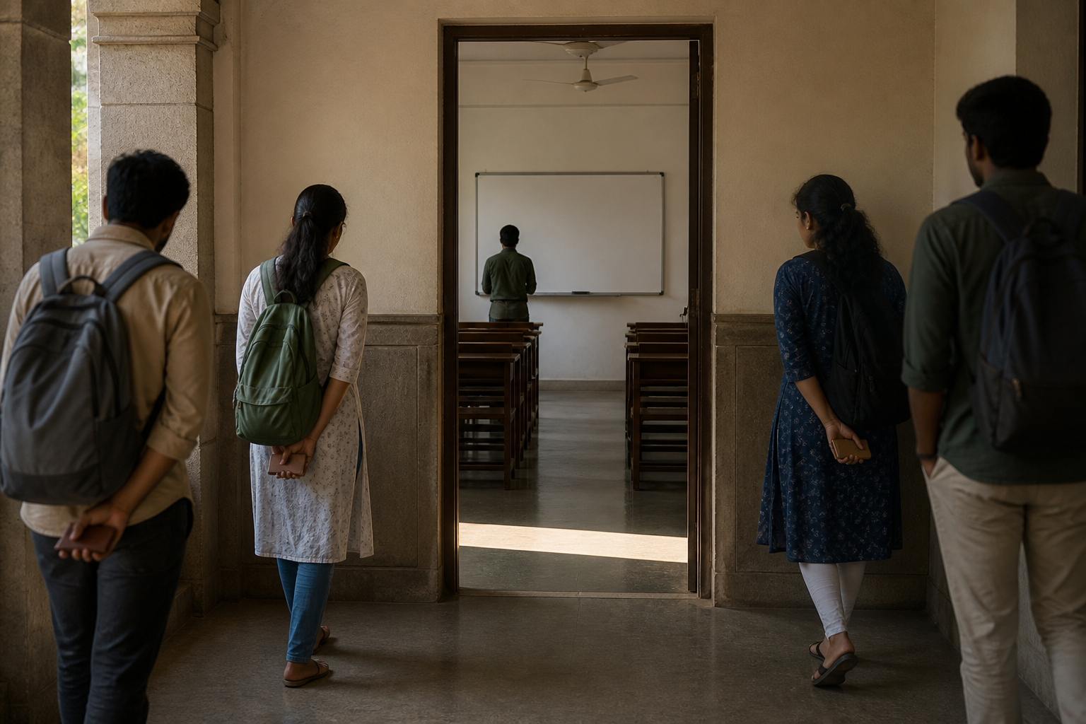 A classroom doorway and a band of sunlight form a visual boundary between an anonymous teacher and students in a college corridor.