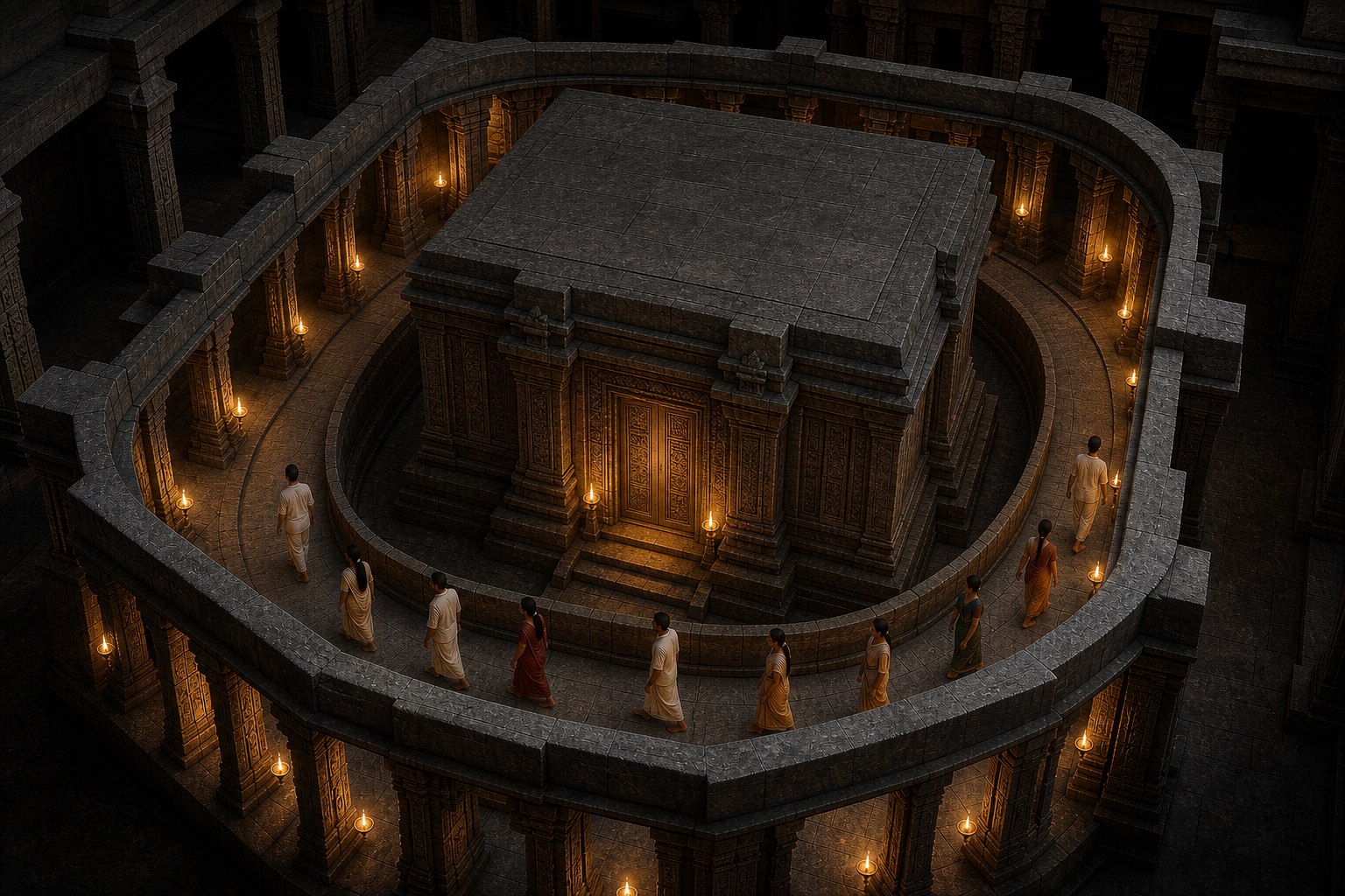 Cutaway illustration of pilgrims walking through a narrow stone passage around a softly illuminated central temple chamber.