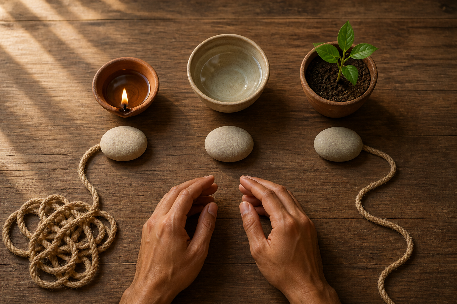 Two hands arrange three stones beside a clay lamp, a bowl of water, and a small seedling on a wooden table with two cord paths beyond them.