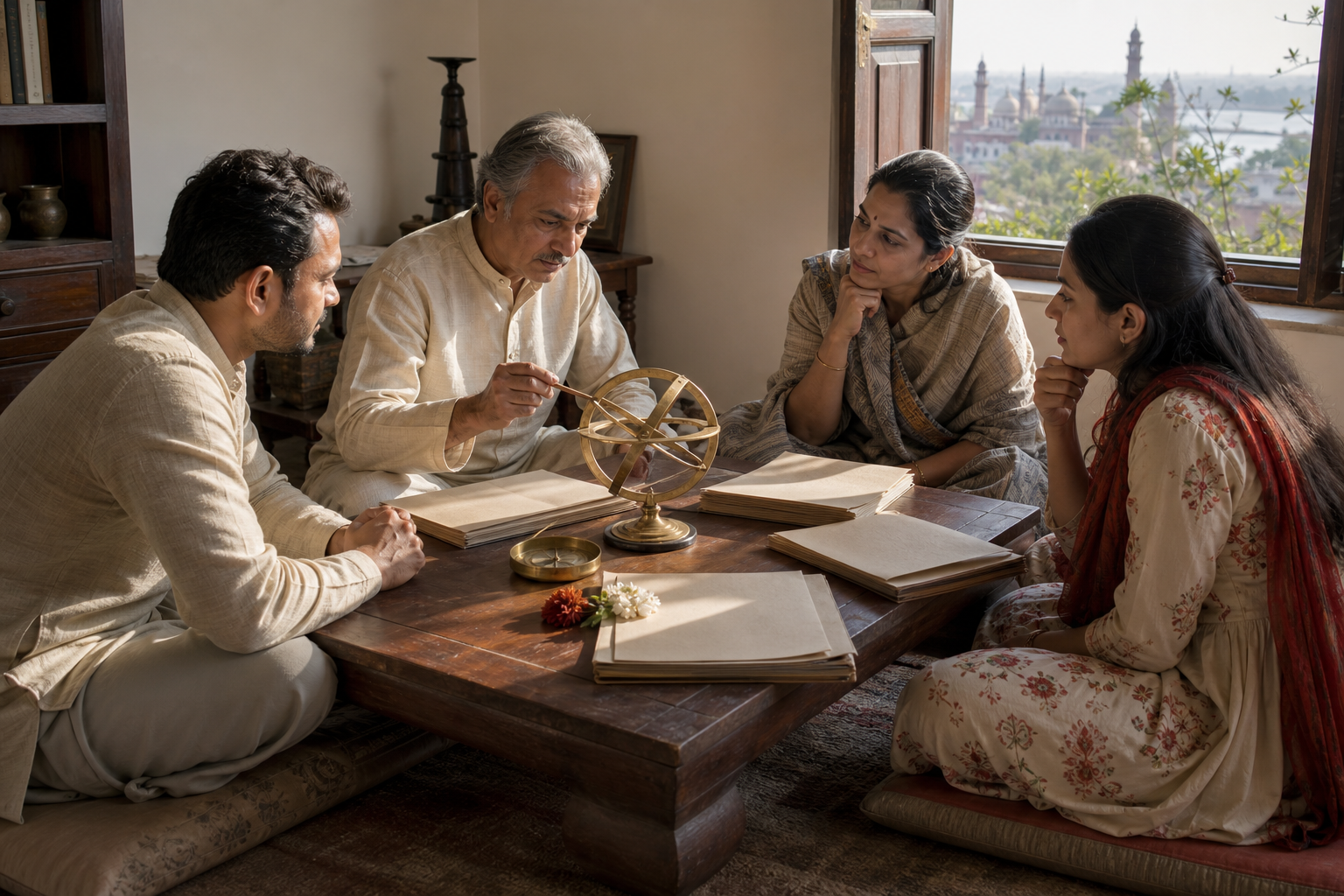 A calendar practitioner and a family consult around a low table with blank folios, a compass, flowers, and a celestial instrument.