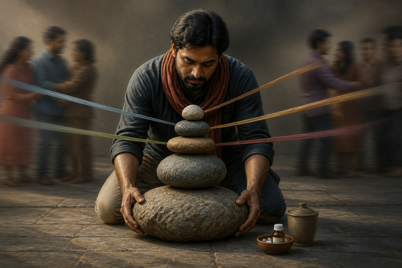 A kneeling person builds a cairn from stones of different sizes while ribbons pull toward blurred figures at the edges and a medicine bowl sits nearby.
