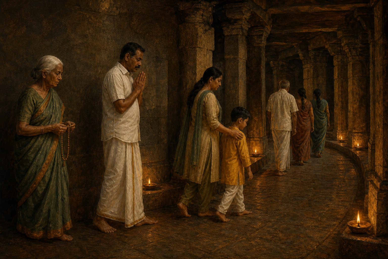 Pilgrims of different ages walk prayerfully through a lamp-lit stone circumambulatory corridor.