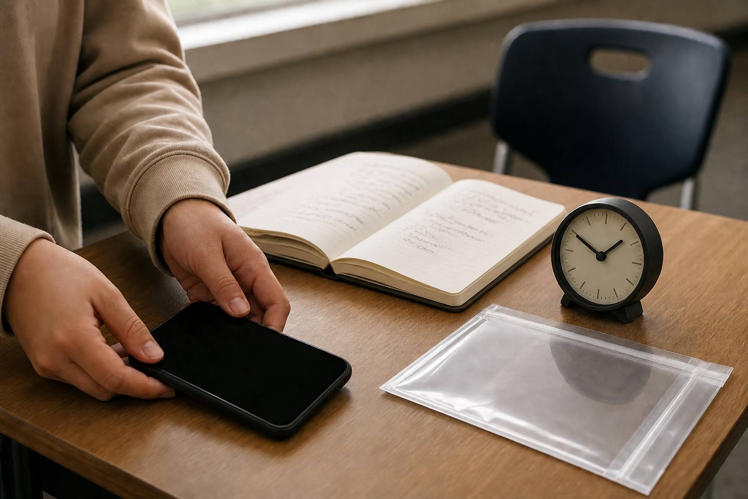 A student's hands arrange a dark-screen smartphone, notebook, clock and document sleeve on a desk to preserve a record.