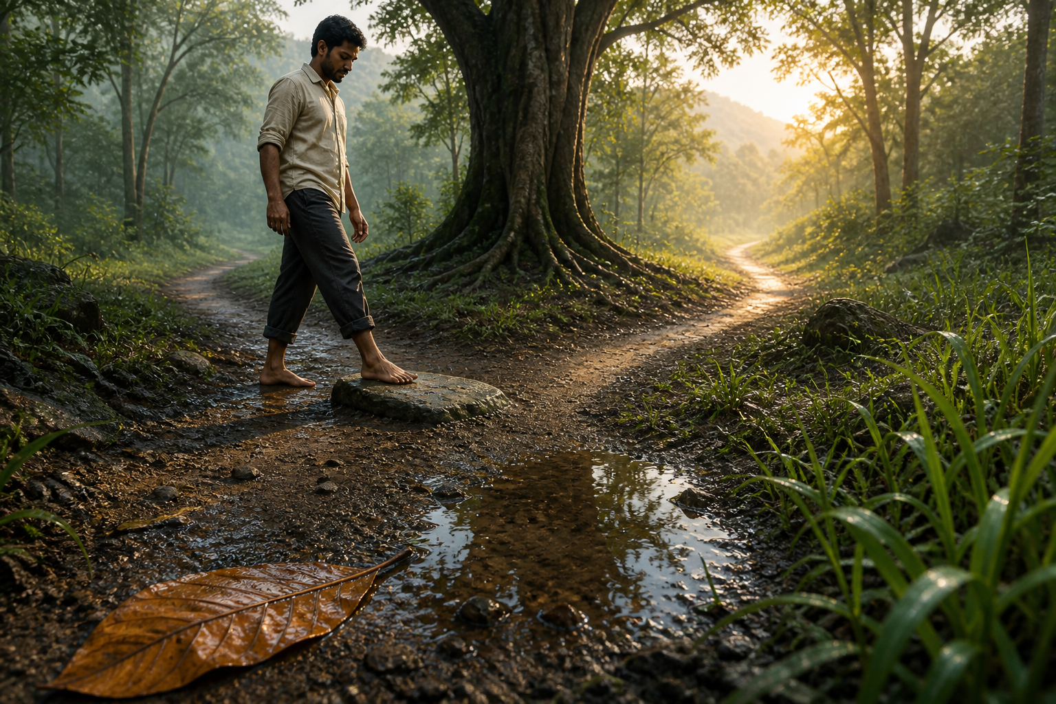 A person walks attentively along a rain-damp forest path that divides around a large tree and rejoins in sunlight.