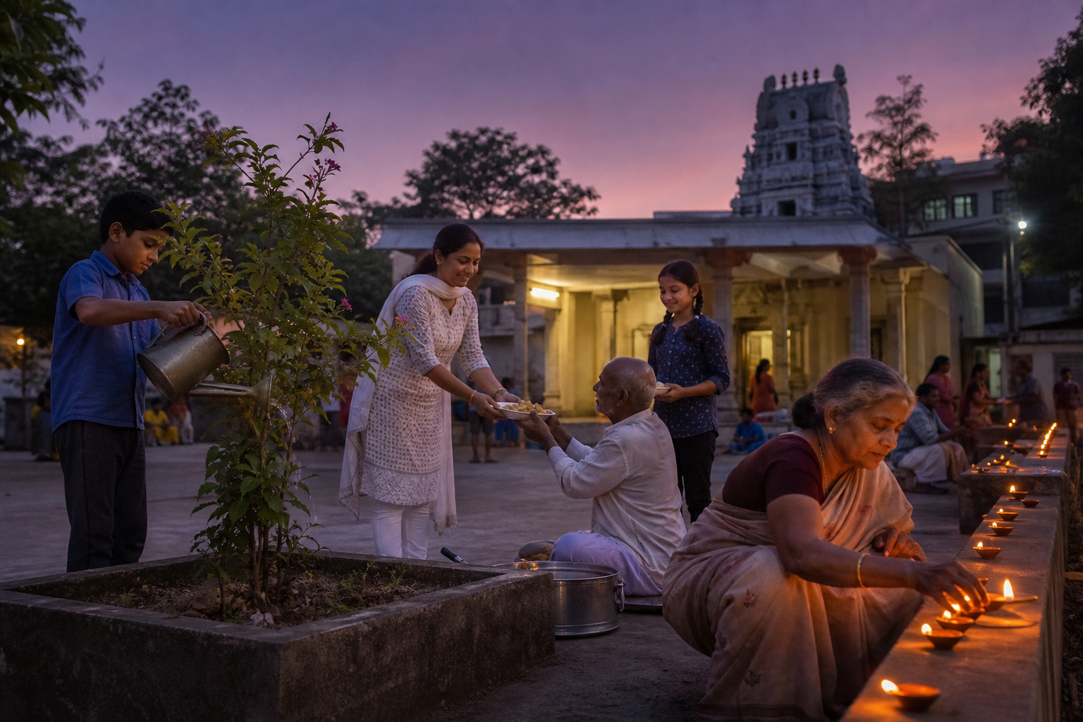 People in a temple courtyard serve food, water a sacred plant, assist an elder, and light oil lamps at dusk.