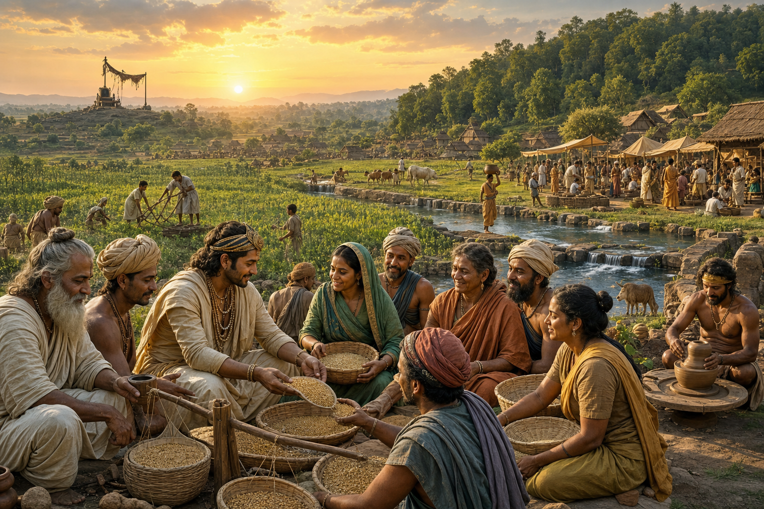 A just ruler joins farmers, artisans, elders, and sages as they distribute seed, reopen irrigation channels, and restore fields and village life.