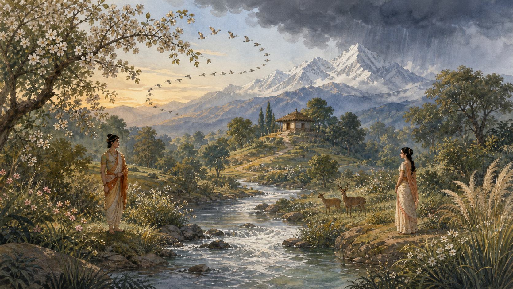 Two young adults stand apart beside a stream in a flowering Indian forest, with deer, birds, a distant hermitage, monsoon clouds, and Himalayan peaks around them.
