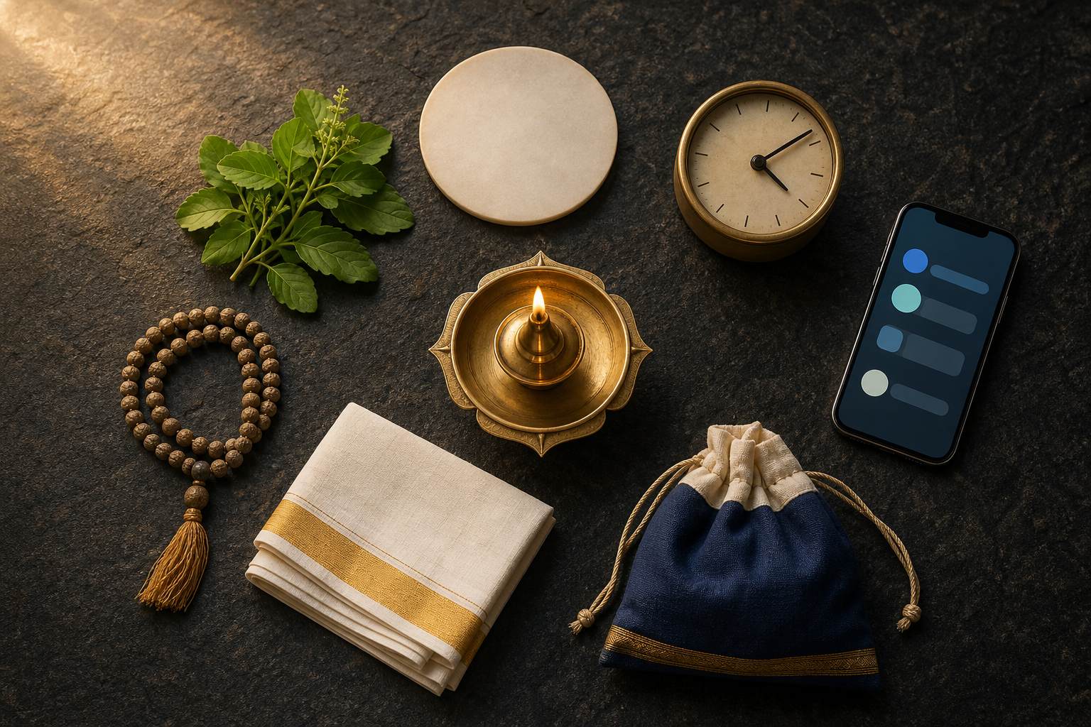 A brass lamp, prayer beads, travel cloth, calendar disc, clock, and phone arranged as symbols of devotional and practical pilgrimage planning.