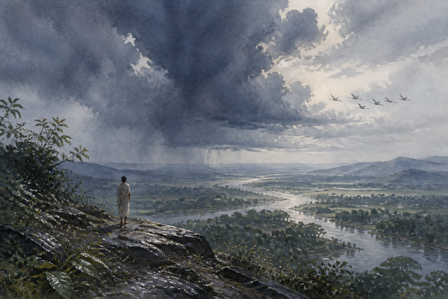 A lone traveler stands on a rocky ridge beneath a vast monsoon cloud, overlooking a winding river, forests, distant hills, falling rain, and flying cranes.