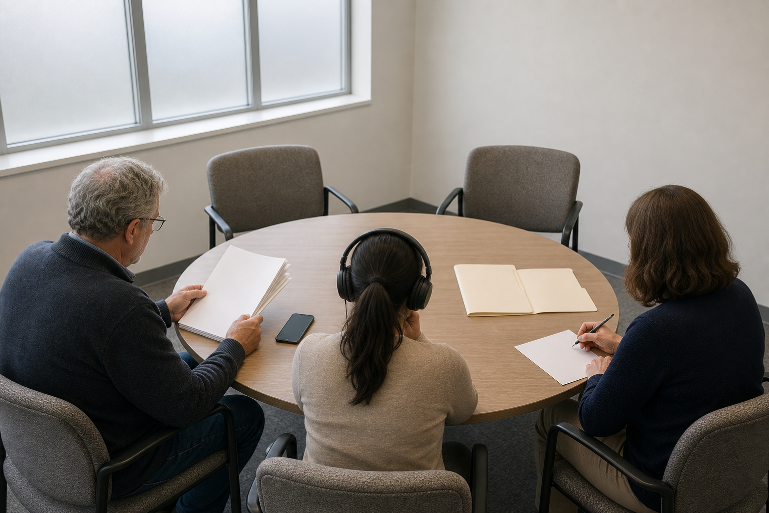Three anonymous reviewers examine a phone, headphones and unmarked documents around a round table during a balanced inquiry.